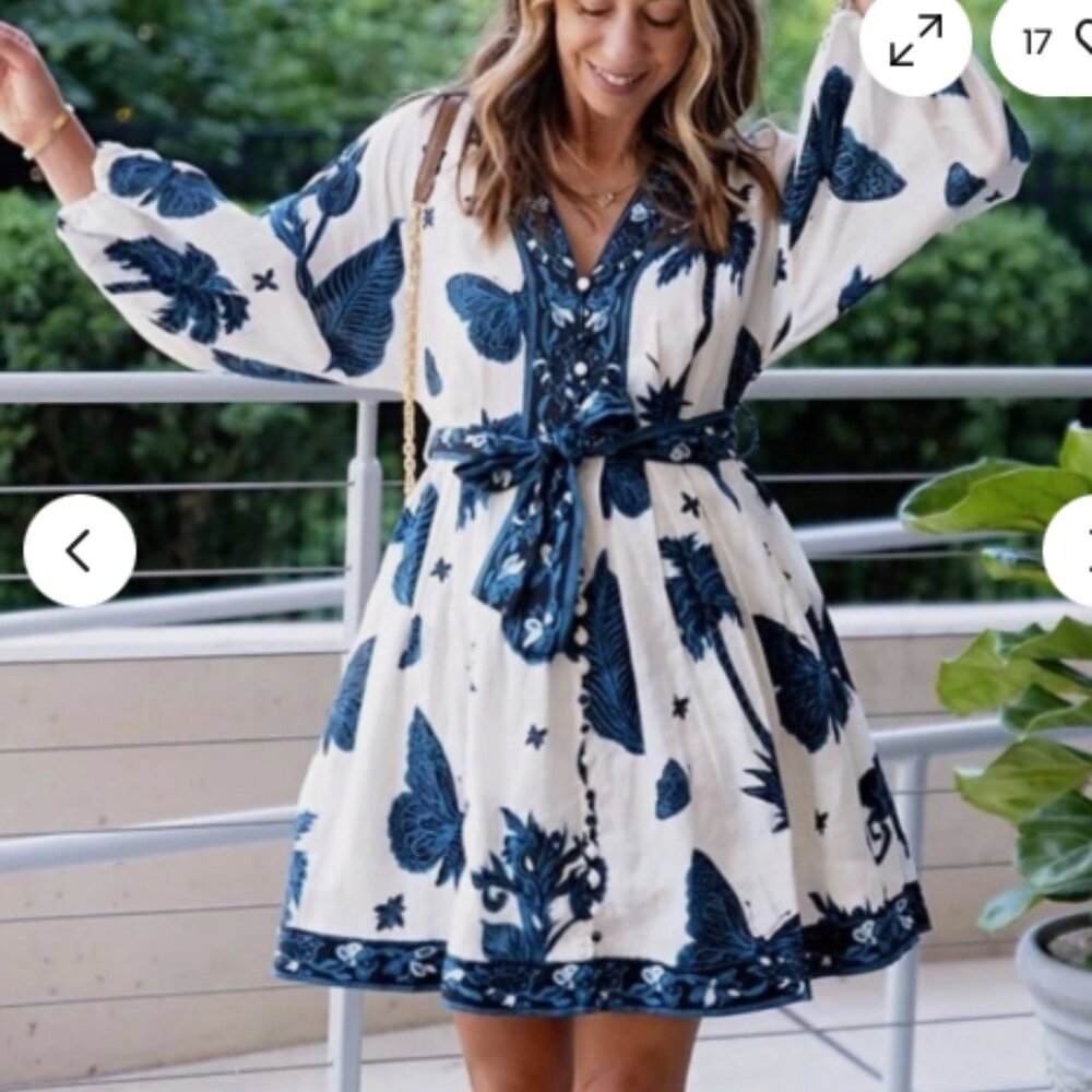 Banana republic Linen Balloon Sleeve Mini Dress, Blue butterfly print